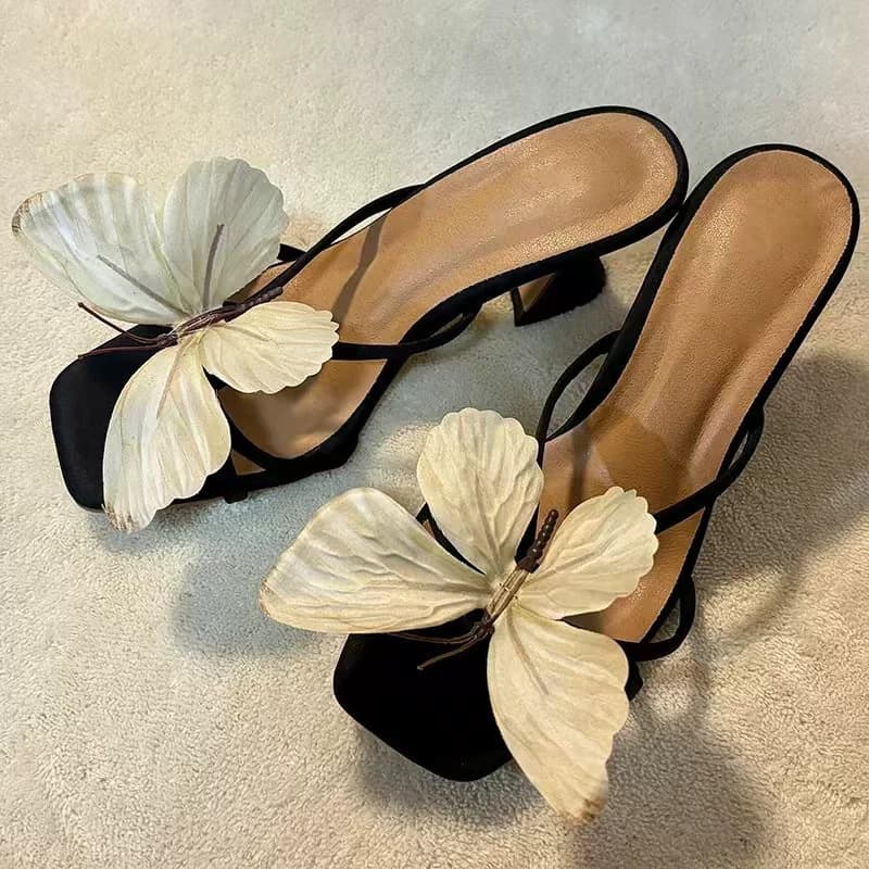 Women's Shoes Cowhide Version Thailand Handmade Butterfly Flip Flops Women New Niche Fairy Thick Heel Sandals