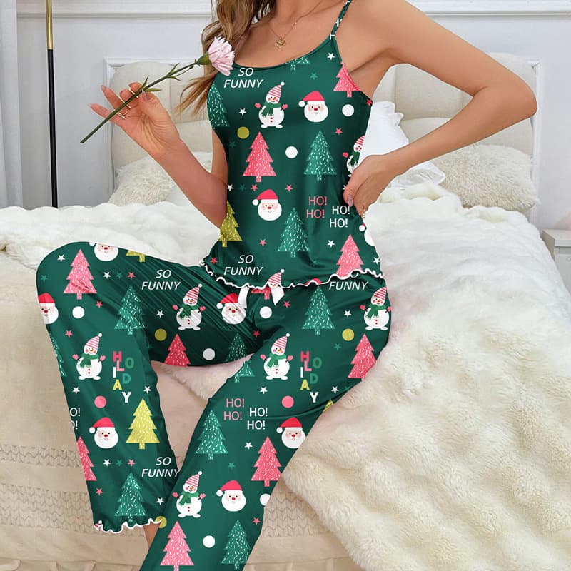 Christmas Sleepwear Set For Women - Sexy Sleeveless Loungewear With Shorts (Santa Tree/Gingerbread/Red Snowman/Checkered/Leopard, S-XXL)