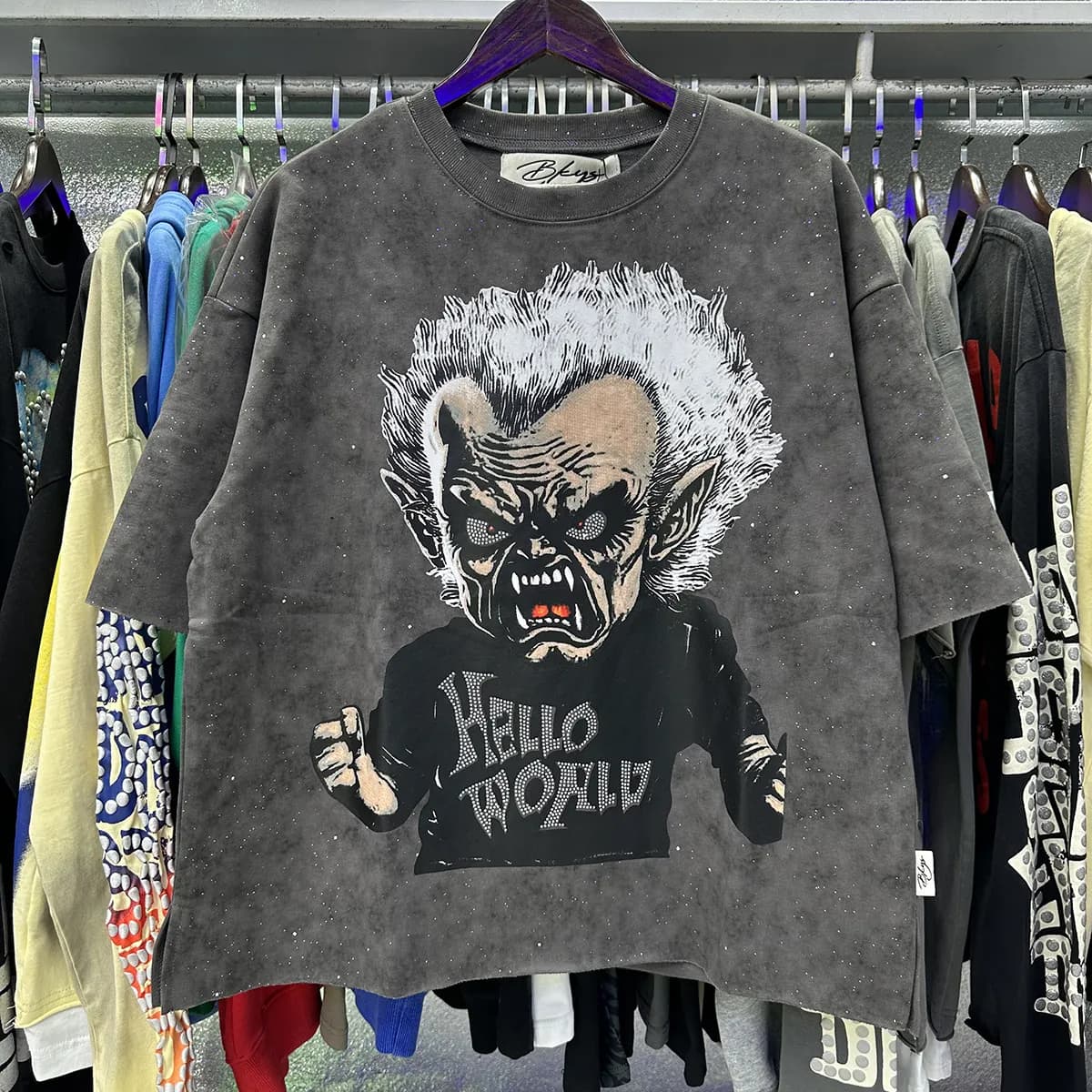 T-shirts pour hommes BKYS, imprimé losanges rétro graffiti squelette diable, coton noir délavé, manches courtes, coupe ample.
