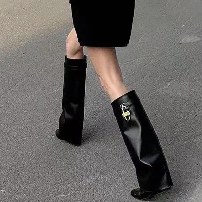 Women's Retro Over-The-Knee High Boots Pointed Toe Buckle Trousers Leg Design Patent Leather Black Low Heel