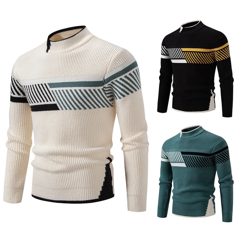 Men's Clothing Half Turtleneck Colorblock Pullover Sweater Knitwear Large Size Casual Bottoming Shirt
