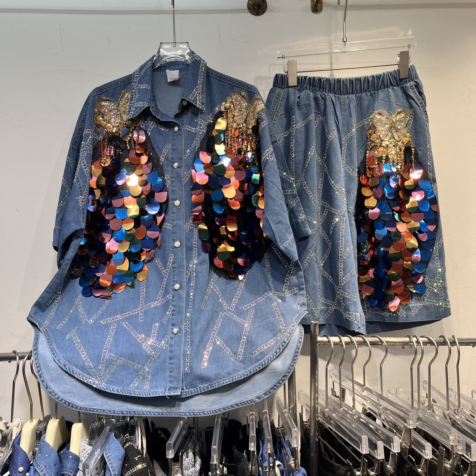 Women's Clothing Fashion Denim Shirt Tops Heavy Duty Bright Butterfly Tassel Shorts