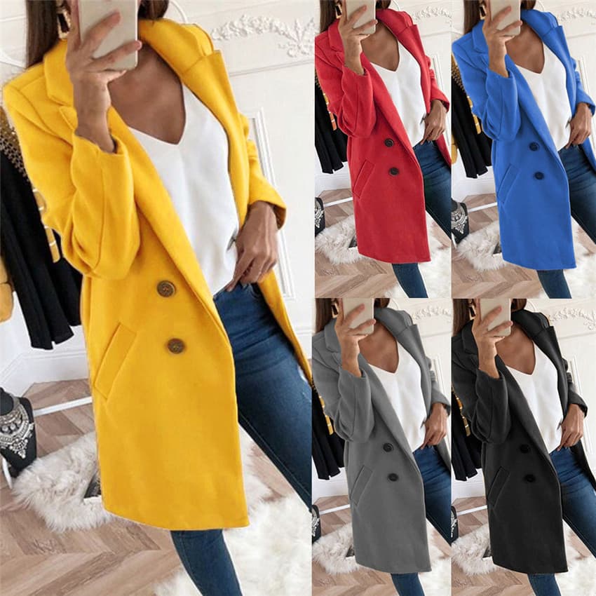 new solid Lapel medium long button tweed coat women