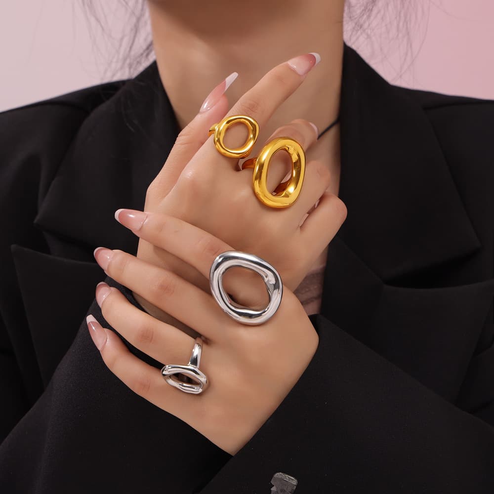 Cool minimalist style temperament versatile ring geometric irregular oval hollow design titanium steel ring