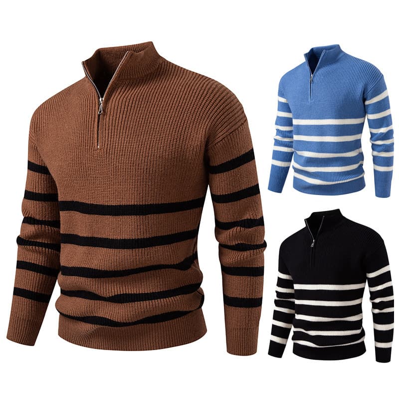 Men's Fashion Knit Sweater With Stand Collar & Half-Zip Design, Striped Casual Pullover For Autumn & Winter