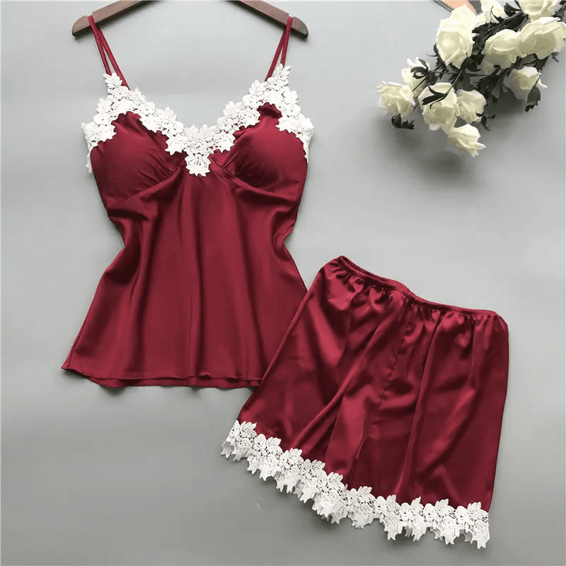 Womens Sexy Lace Lingerie Nightwear silk satin pamas Underwear Babydoll Short Sleepwear 2PCS Set