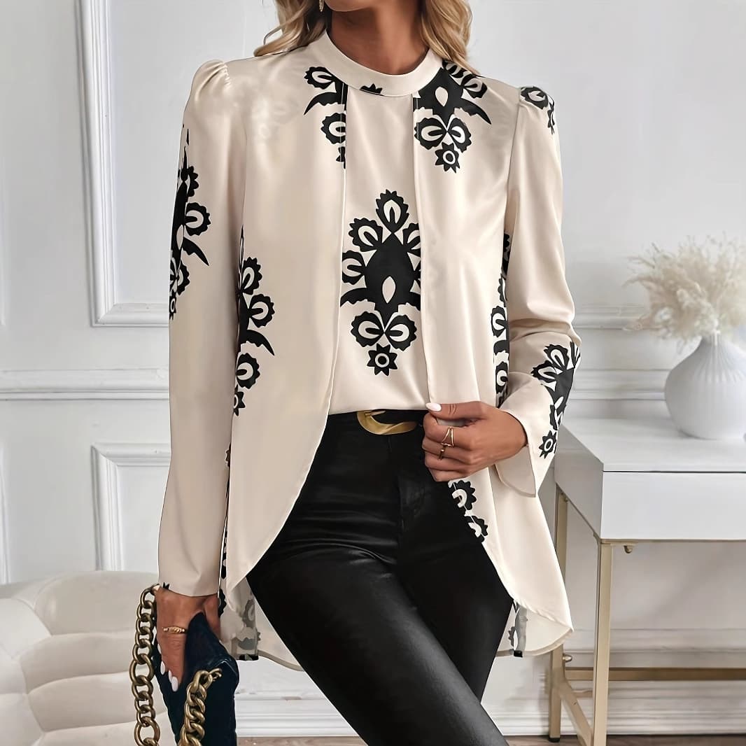 Women's Clothing Elegant Long Sleeve Blouse Women's Autumn Winter Fashion Loose Fit Polyester Top - Casual Chic Round Neck Tunic (Beige, Brown)​
