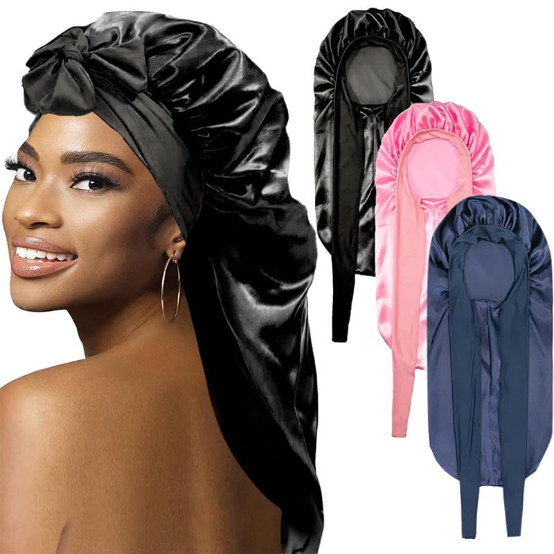Women's high elastic long tube satin nightcap new bow tie headscarf hat beauty perm hair care cap