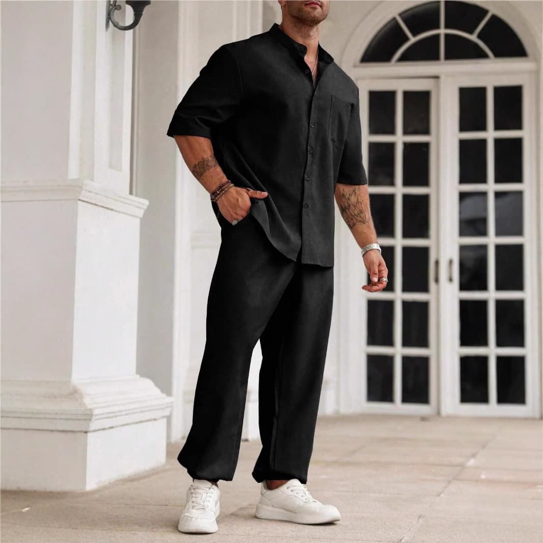 Men's Clothing Commuter Cotton And Linen Suit Casual Button Shirt Short Sleeved Trousers Men's Outing Trend