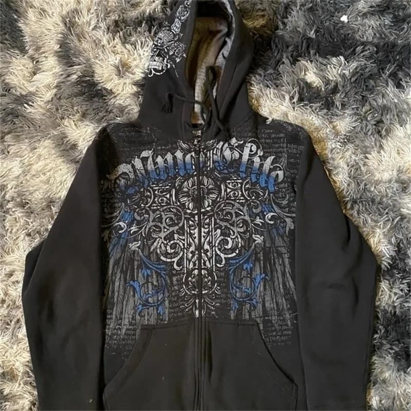 Woman Hoodie Y2K Cyber Grunge Emo Zip Up Sweatshirts Vintage Graphics Print Kpop Aesthetic Gothic Clothes for Women