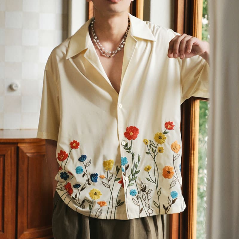 Men's Clothing Men's Casual Short Sleeved Shirt Lapel Fashion Flower Retro Shirt