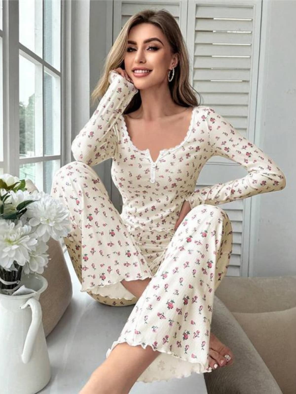 Floral Sleeve Long Pants Homewear Pajama Set For Women