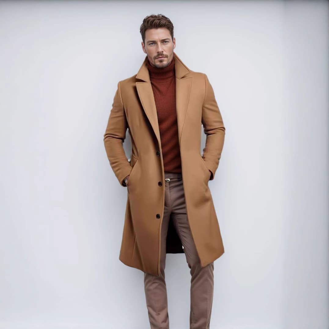 ​​Men's Wool Blend Trench Coat - Classic Long Overcoat For Winter, Slim Fit, Multiple Pockets, Stylish & Warm