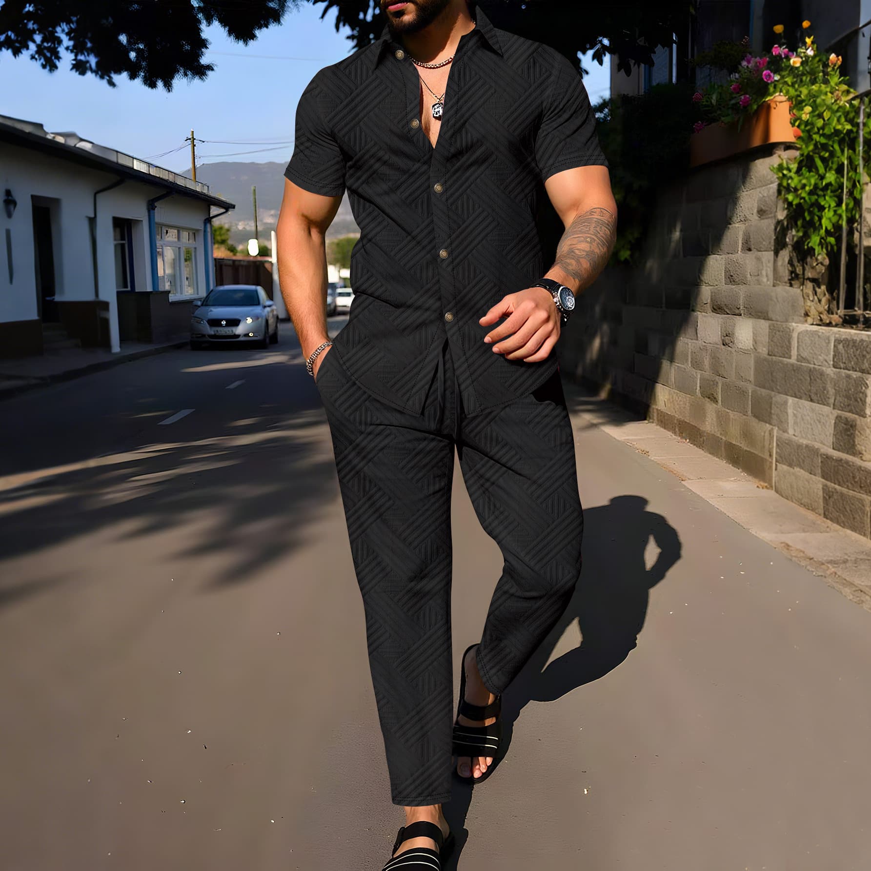 Men's Summer Solid Jacquard Short Sleeve Shirt & Pants Set - Lightweight Breathable Casual Outfit For Office & Travel