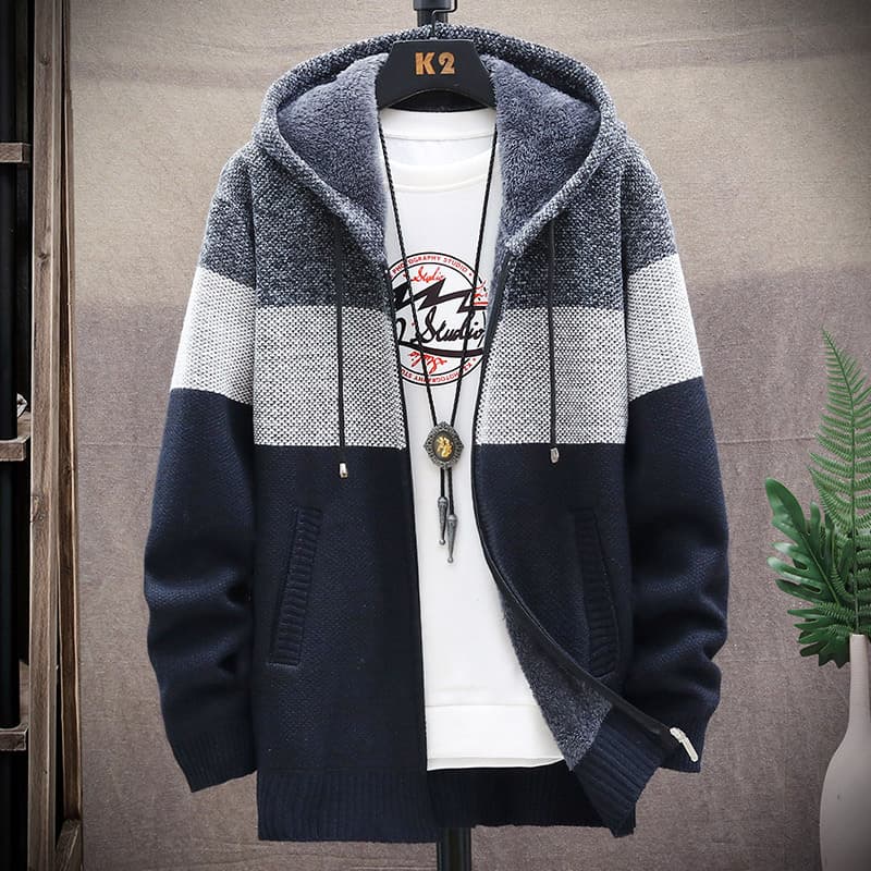 Men's Clothing Spring Autumn Winter New Large Size Loose Sweater Striped Hooded Knitwear Casual Young and Middle-aged Fleece-lined Jacket Thick