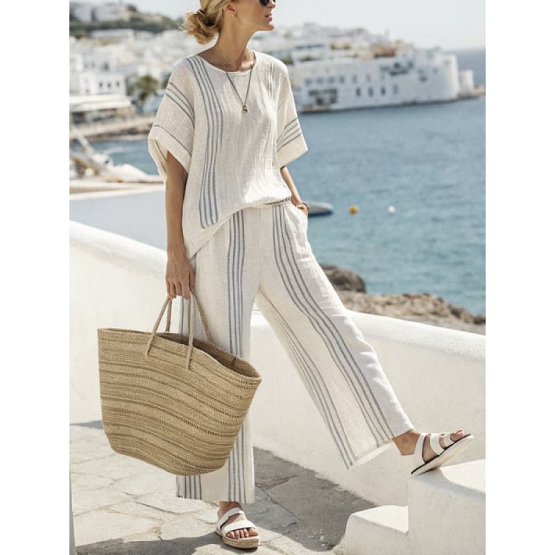 Women's Japanese Style Striped Top Loose Fit Casual V Neck Summer Top With Flutter Sleeve Ramie Bamboo Fiber