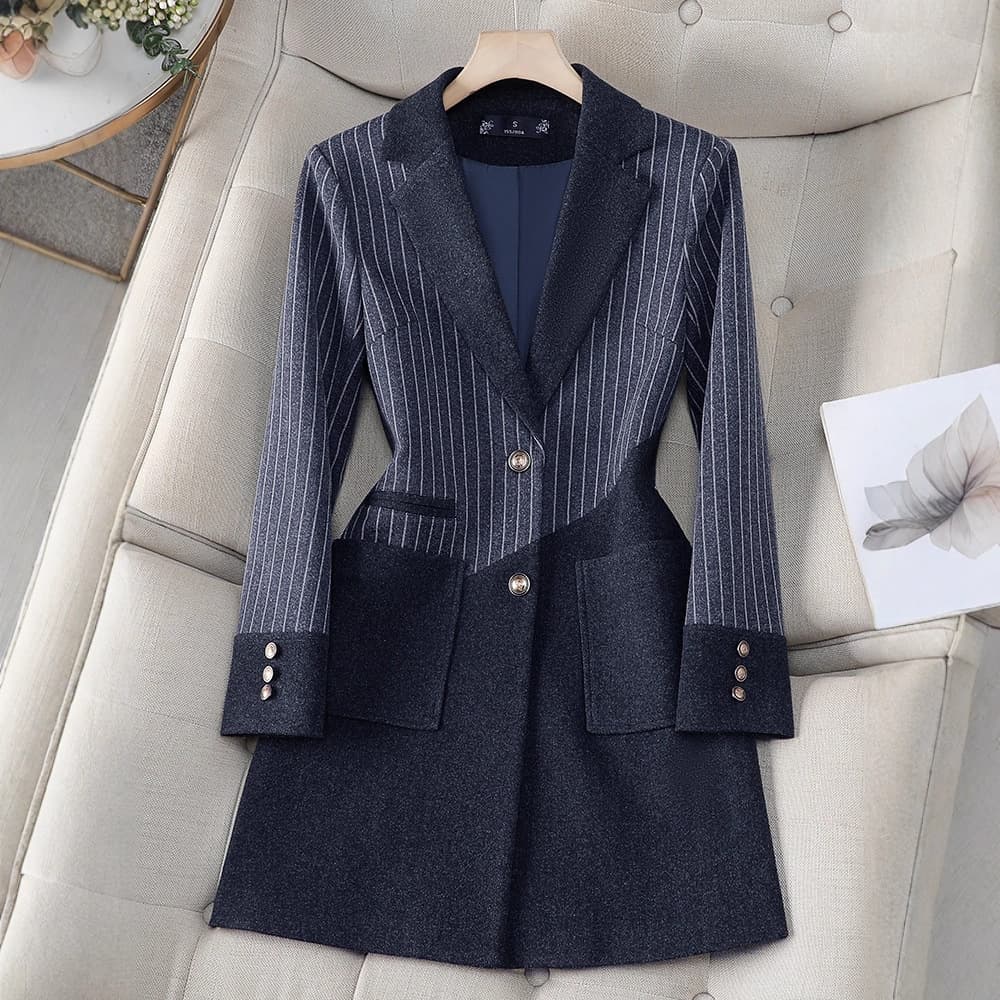 Slim-Fit Black Striped Trench Coat For Women - Elegant Mid-Length Polyester Coat With Notched Collar, Long Sleeves & Versatile Style