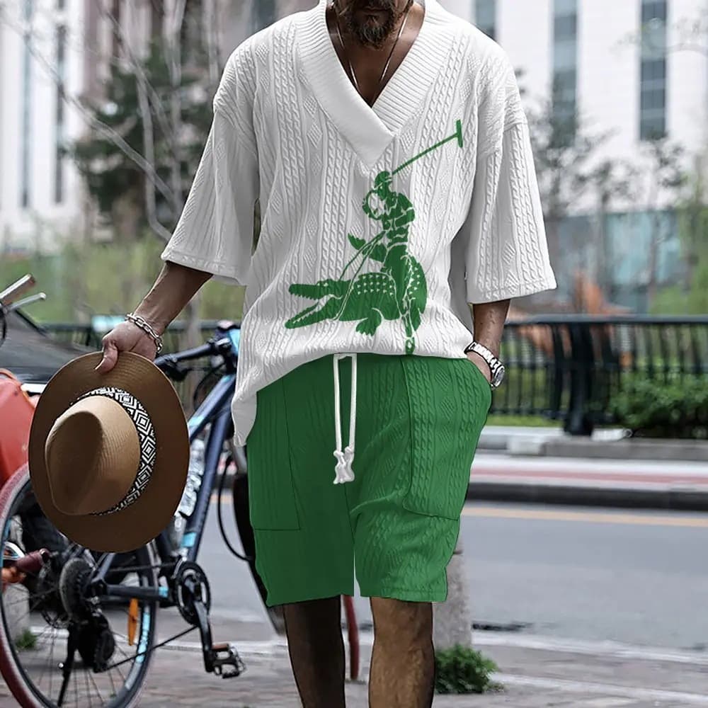 Men's Clothing Men's summer versatile V neck three quarter sleeve shorts high end breathable casual new product suit