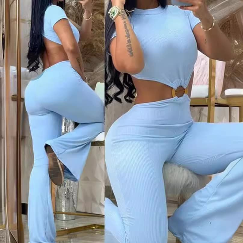 Women's clothing sexy round neck backless slim fit butt lift solid color bootcut jumpsuit sportswear