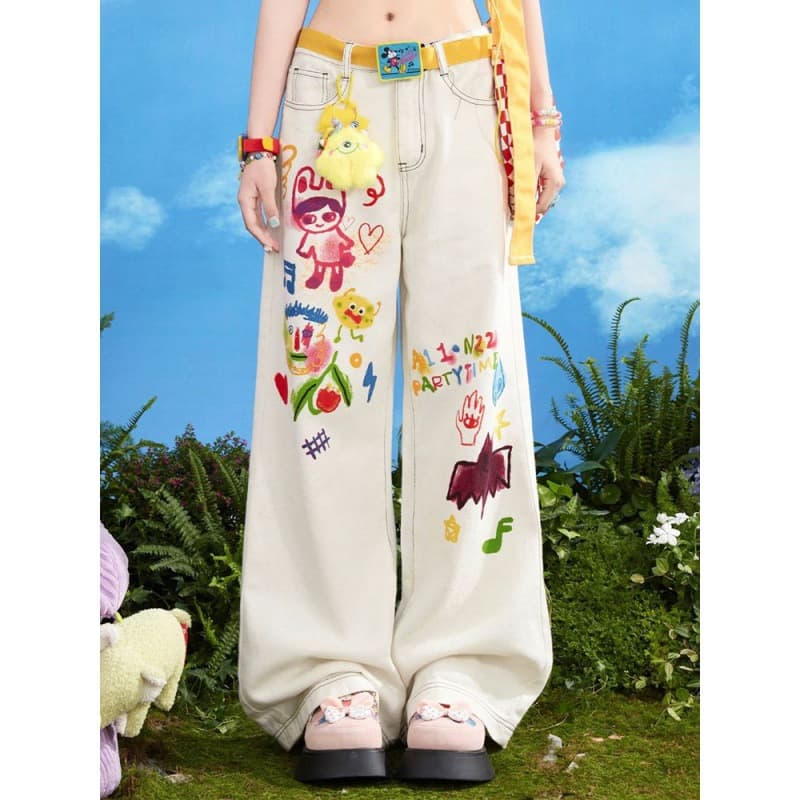 Women's Clothing Summer Design Sense Cartoon Print High Waist Loose Slim Straight Floor Mopping Pants