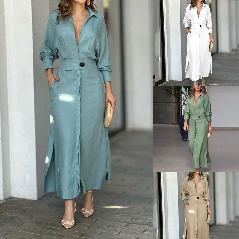 Commuter lace-up solid color waist long-sleeved deep V-neck summer women's dress