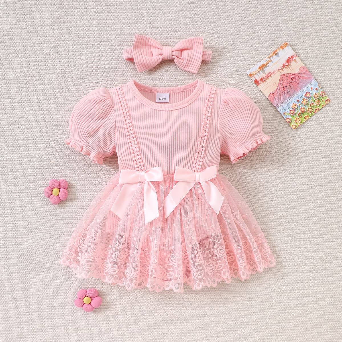 Summer Baby Toddler Romper Ribbed Solid Color Tulip Short Sleeve Mesh Onesie Dress New For Girls 0-3 Years Old