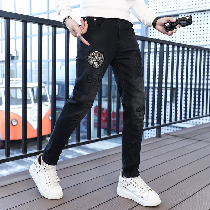 Autumn and Winter Men's Jeans with Small Feet, Slim Fit, Embroidered European Fashion Brand Hot Diamond Pants, Casual