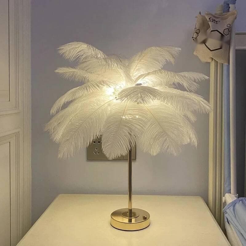 Lampe de chevet rechargeable et portable en plumes d'autruche, idéale pour une table de chevet, une chambre à coucher, une veilleuse romantique et créative, style nordique, idéale pour la maison ou l'environnement