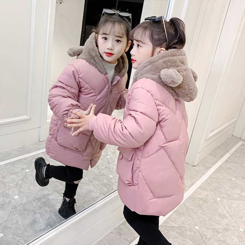 Girls' Winter Puffer Coat With Fleece Lining – Thickened Long Hooded Jacket For Kids (110-160cm) – Pink/Red/Yellow