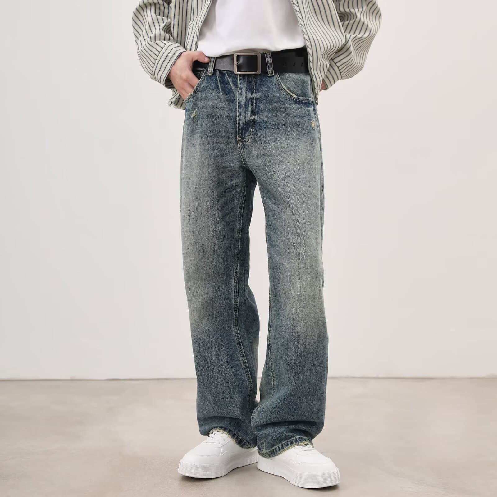 Men's Clothing High Street Retro Washed Hole Straight Jeans Men's Style Old Cleanfit Loose Wide Leg Casual Trousers Trend