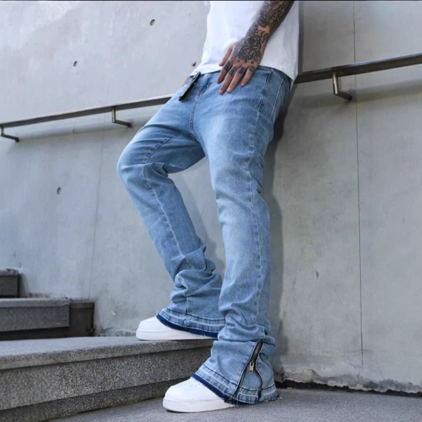 Men's Light Blue Relaxed Fit Bootcut Jeans – Vintage Washed, Comfort Stretch, Retro Cat Whisker, Wide Leg Casual Pants ( Urban Streetwear)