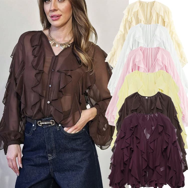 Women's Clothing V-Neck Layered Blouse – Women’s Long-Sleeve Versatile Pullover Top"​​