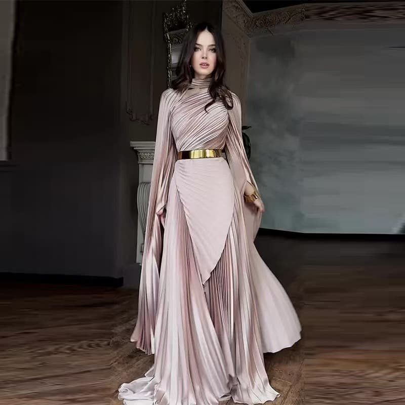 Elegant Long Sleeve Wrap Dress With Slit & Belt - Flowy A-Line Maxi Dress For Women, Satin Polyester, Available In 7 Colors