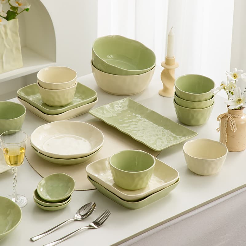 Cream Aesthetic Ceramic Tableware Set – 8 Inch Modern Dinner Plates, Bowls & Serving Dishes In Matcha Green & Beige, Microwave Safe