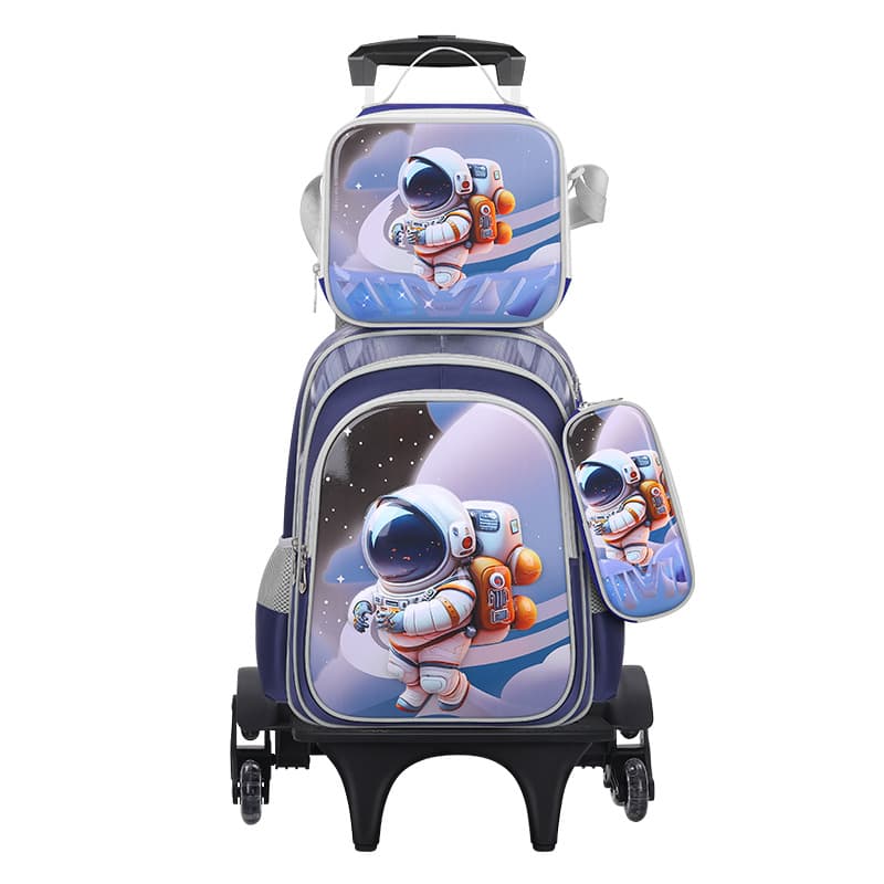 Ensemble sac à dos d'école en cuir 3D pour enfants, sac à roulettes, sac à déjeuner, trousse à crayons, dimensions