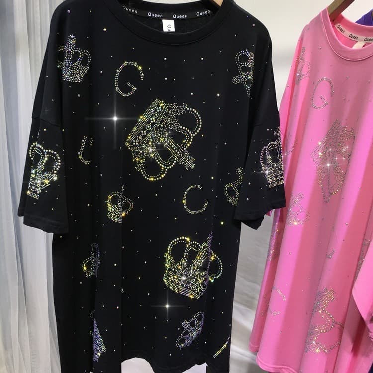 Women's Clothing hot diamond T shirt crown shiny short sleeved summer new fashion style top