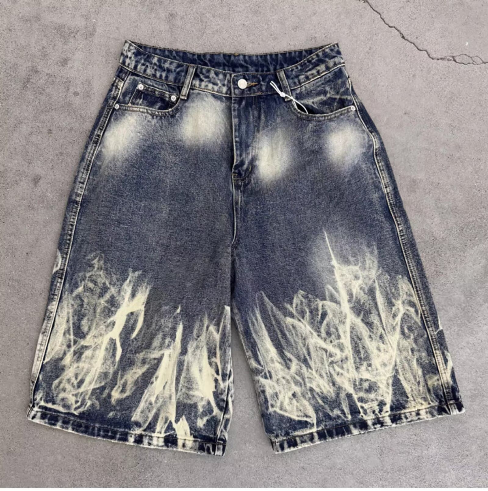 Men's American Retro Lightning Bolt Pattern Denim Shorts High Street Style Loose Straight Leg Casual Wide Leg Capri Pants