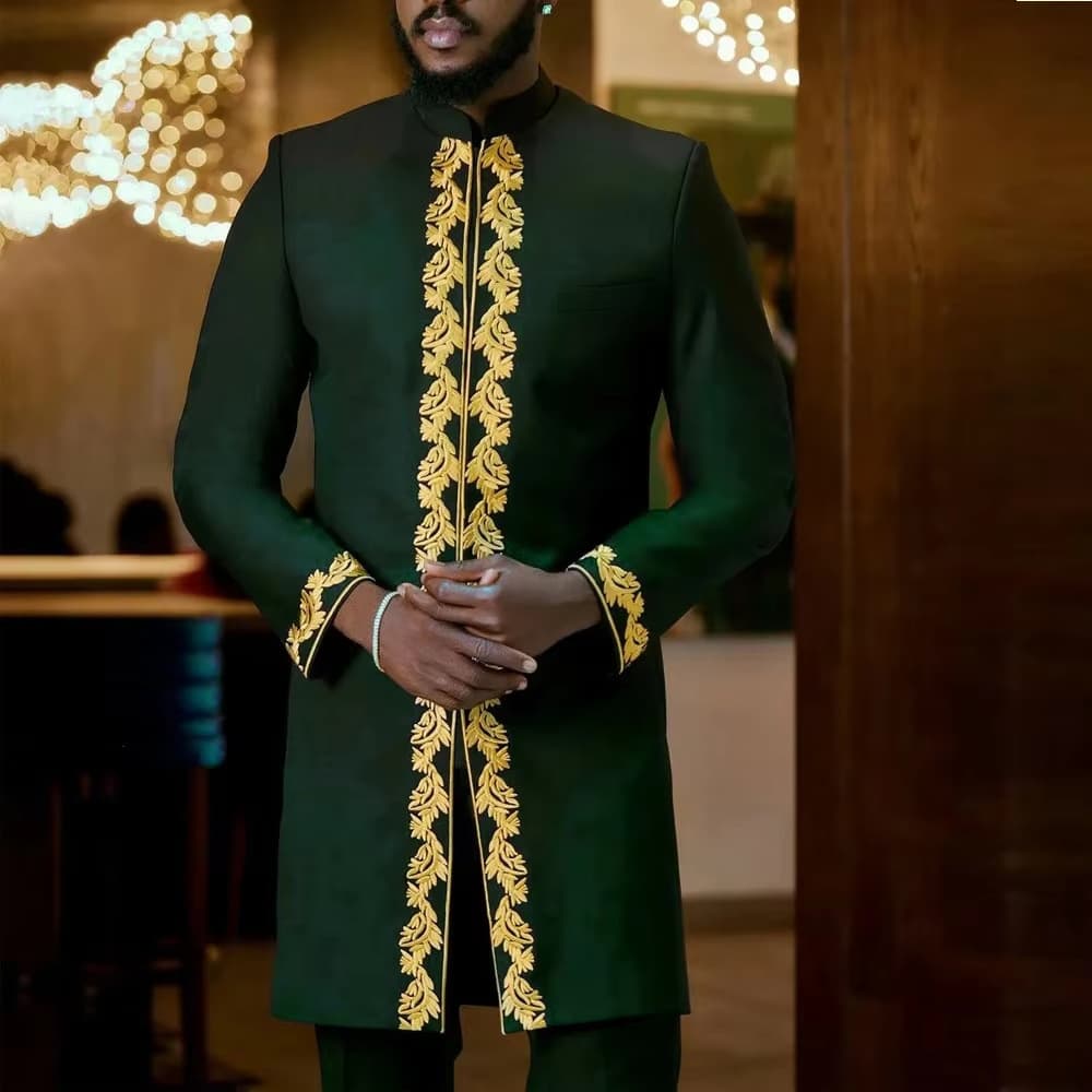 Costume noir africain décontracté brodé pour homme, manches longues, idéal pour les mariages et les banquets.