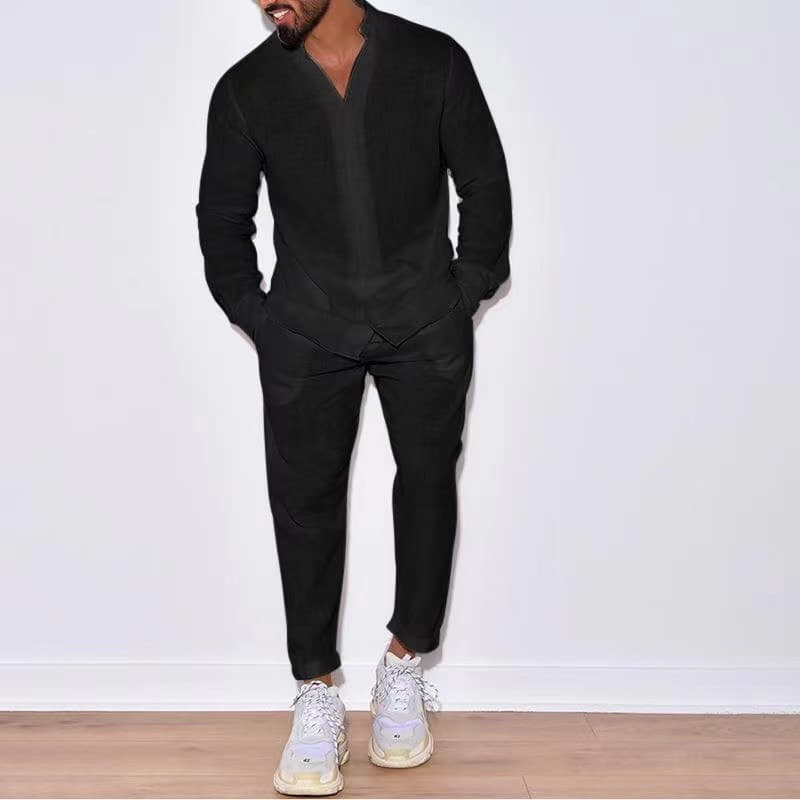 Men's Casual Sports Suit Long Sleeve Linen Fashion Cargo Pants Black Beige Red Polyester Spring Autumn Winter Set