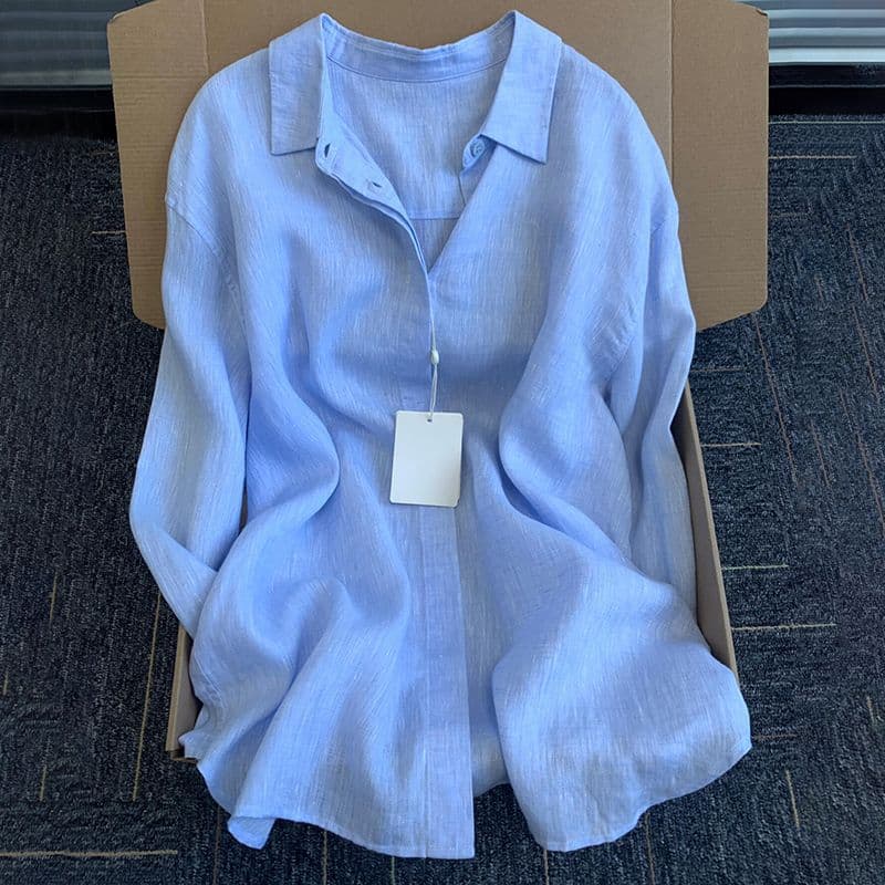 Women's Clothing Linen Casual Cotton And Linen Lapel Sun Protection Tops Summer New Thin Shirt Shirt Cardigan Jacket Loose Long Sleeves