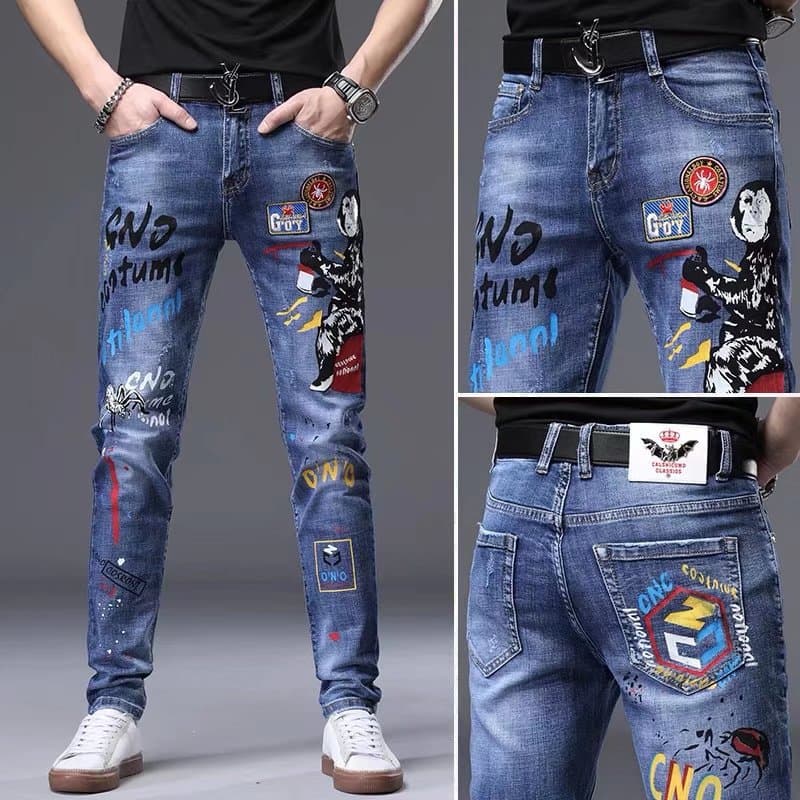 ​​Men's Slim Straight Blue Distressed Jeans With Patchwork & Ripped Details For Spring & Summer​