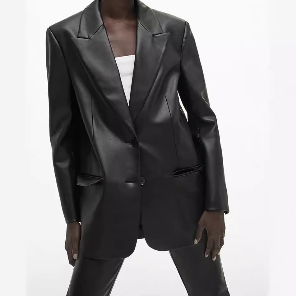 Women's Clothing Solid Color Suit Collar Pocket Fashion Casual Women's Leather Jacket