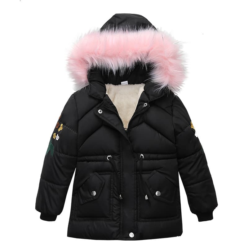 Girls Hooded Cotton-Padded Coat Embroidered Kid's Winter Clothing Simple Design For Ages 6-12