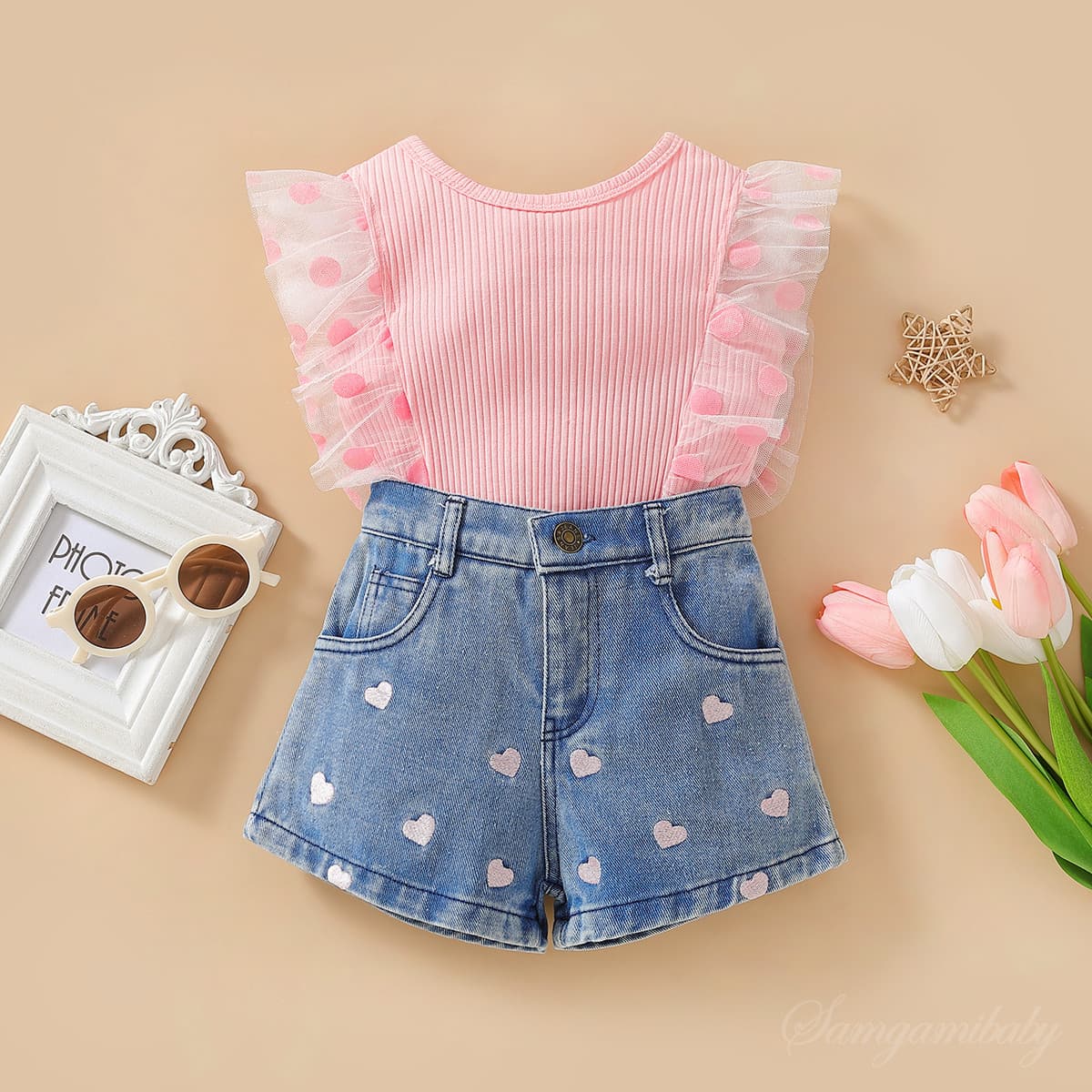 Foreign Trade Children's Clothing Fashion Children's Summer Clothing New Style Mesh Lace Sleeve Top Heart Denim Shorts Girls Suit