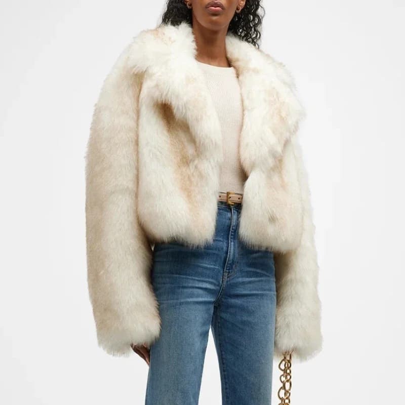 ​​"Oversized Faux Fox Fur Coat – Stylish Cropped Jacket With Notched Lapel & 3D Embellishments (XS-2XL)"​​