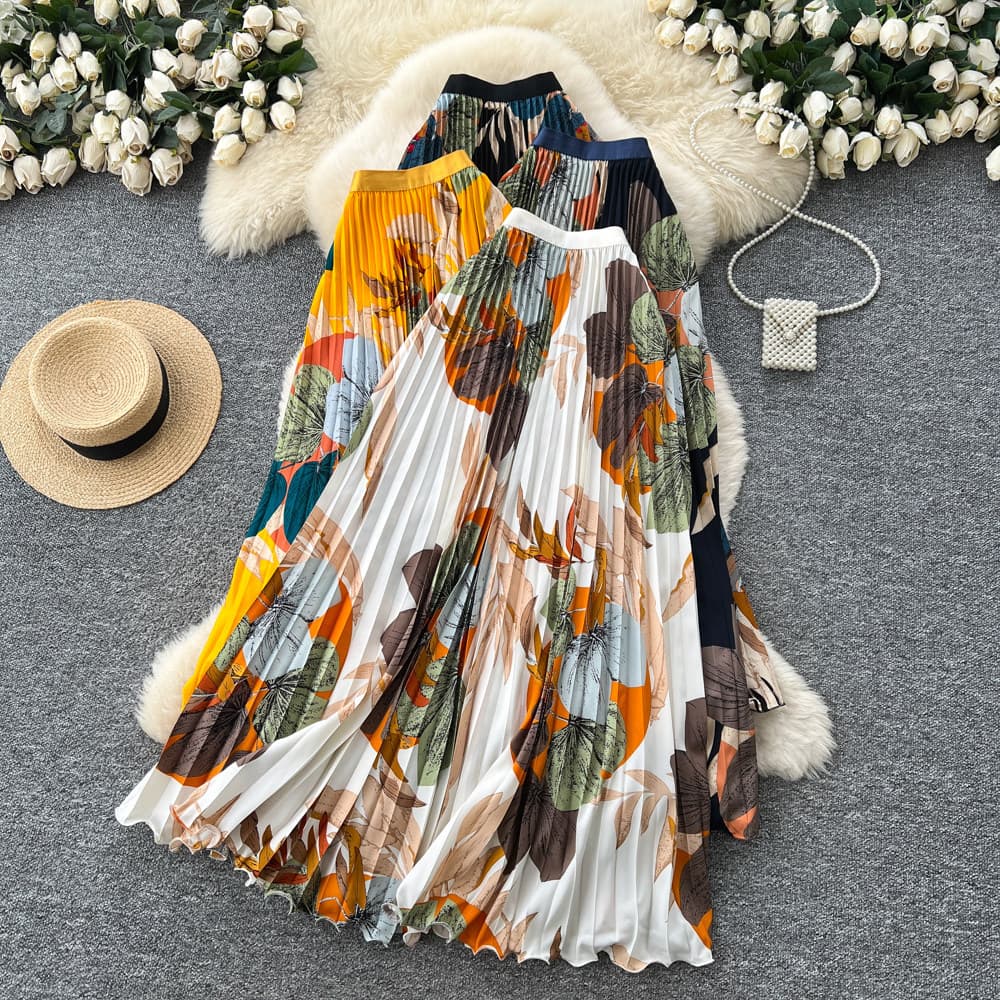 Women's Retro Print Pleated Skirt High Waist A-Line Midi Skirt Elastic Waist Commuter Flowing Long Fashionable Summer Skirt