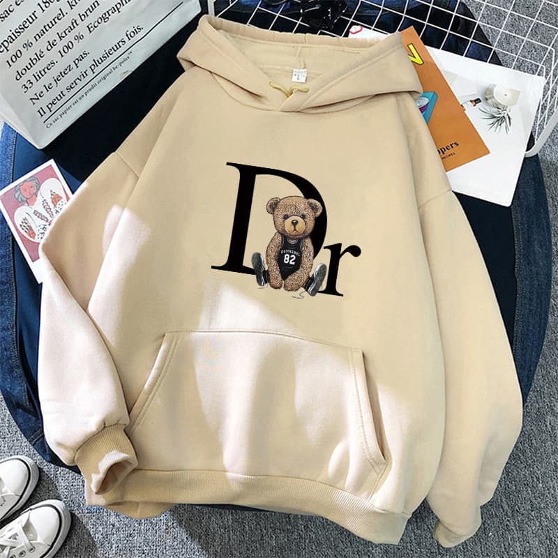 Men's And Women's Fleece Sweatshirt Solid Color Teddy Bear Kangaroo Pocket Drawstring Print Hoodie