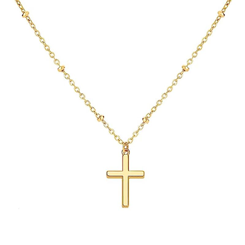 Women's Jewelry K Gold Plated Cross Pendant Necklace Fashionable Simple Bead Necklace