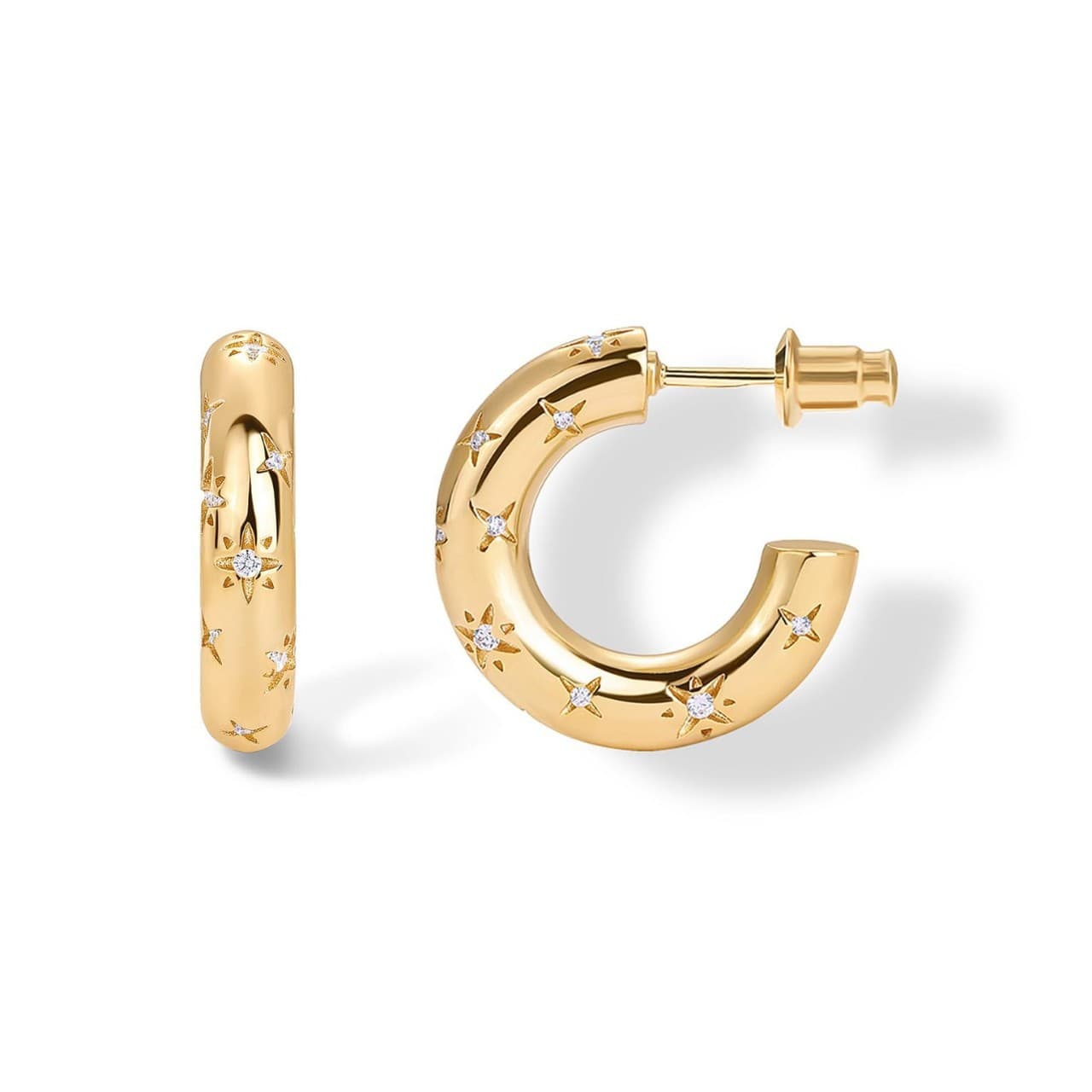 Hot Selling Light Luxury Personality Metal Style Broken Zirconium C Shaped Star And Moon Earrings For Women Niche Design Earrings