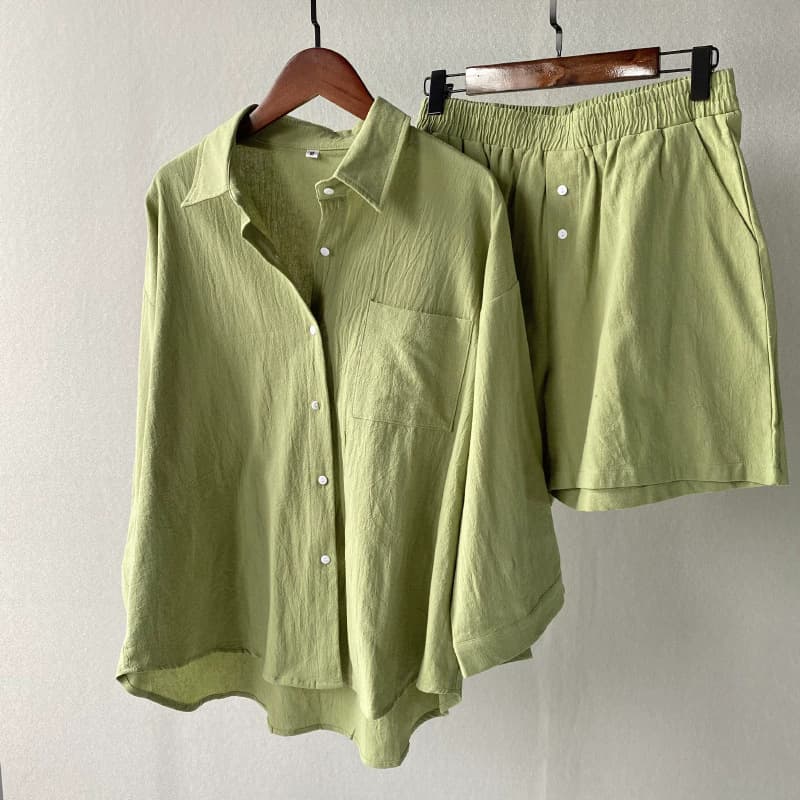 Women's Clothing Cotton And Linen Solid Color Shirt Two Piece Shorts New Fashion Suit